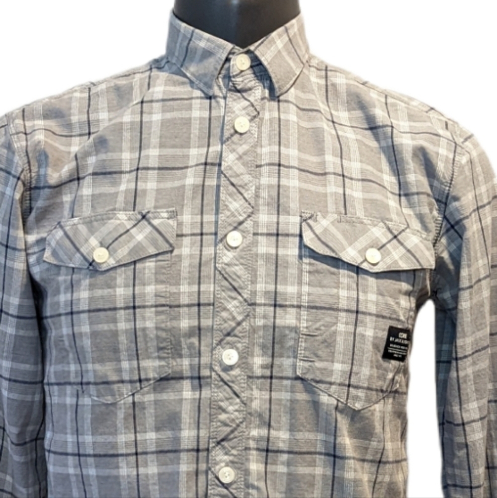 2/$20 Jack & Jones Grey Plaid Button Front Shirt Small Long Sleeves